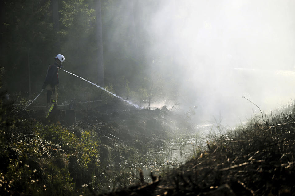 A forest fire rages south of Alvesta, Sweden, on June 6, 2023. A lack of rain and rising temperatures have led to dangerously dry conditions across the Nordic and Baltic countries. (Fredrik Sandberg/TT News Agency via AP)