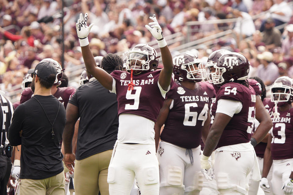 Oct 28, 2023; College Station, Texas; Texas A&M Aggies defensive back Bobby Taylor (9) celebrates a team touchdown against South Carolina Gamecocks during the second half at Kyle Field. Dustin Safranek-USA TODAY Sports