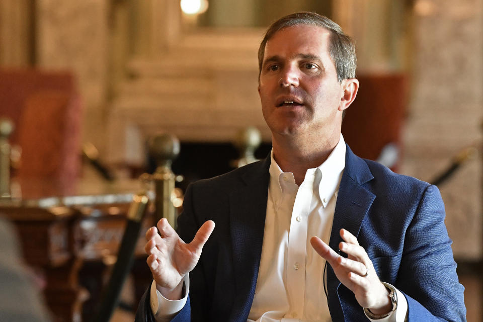 Kentucky Governor Andy Beshear speaks about the status of the construction of the Blue Oval SV Battery Plant during an interview at the Kentucky State Capitol in Frankfort, Ky., Thursday, June 6, 2024. (AP Photo/Timothy D. Easley)