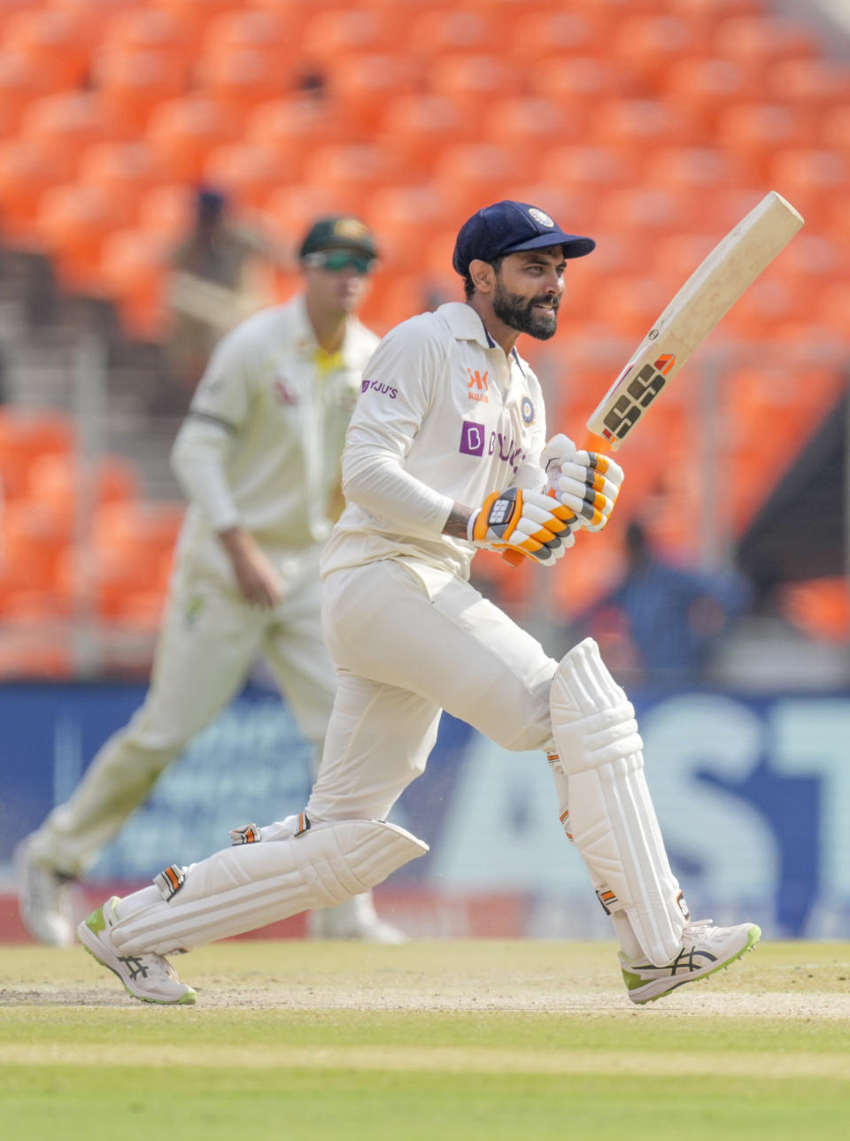 India's Ravindra Jadeja plays a shot during the fourth day of the fourth cricket test match between India and Australia in Ahmedabad, India, Sunday, March 12, 2023. (AP Photo/Ajit Solanki)