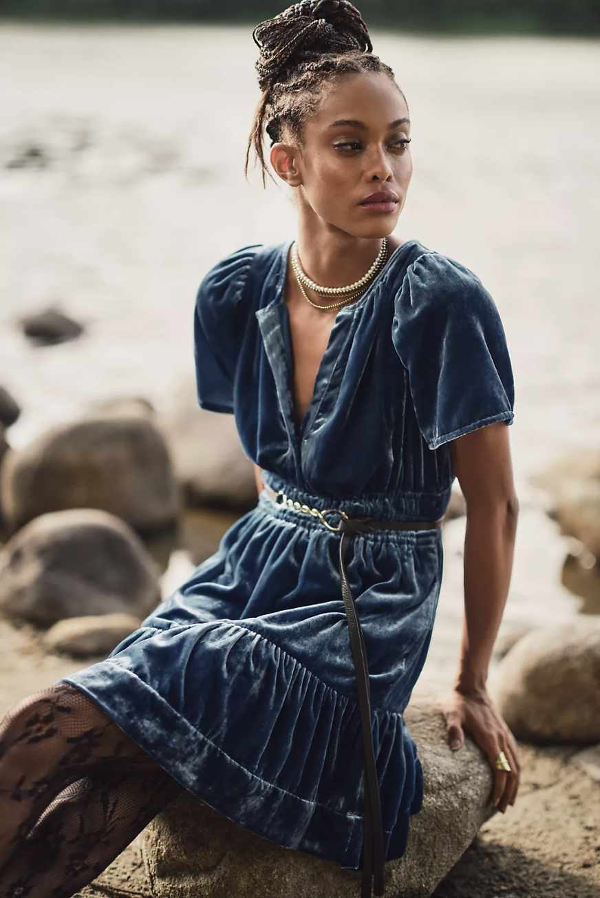 The Somerset Mini Dress: Velvet Edition in blue (Photo via Anthropologie)