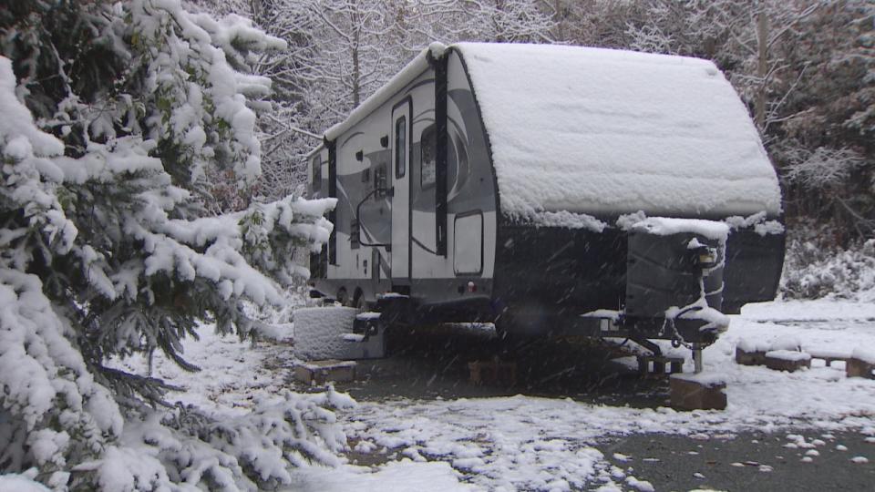 The RV that Carrie Steeves spent the winter in at a Dartmouth campground is shown after the first snowfall of the year.  (CBC - image credit)