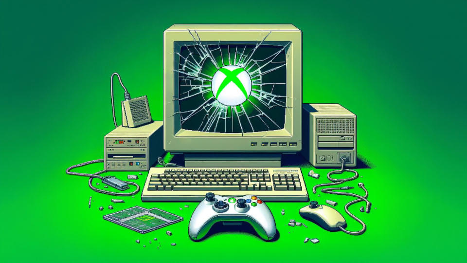 Xbox on a retro computer with a cracked screen