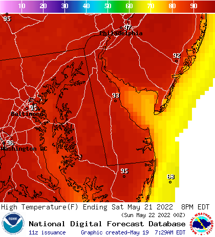 A map shows the high temperatures for May 21, 2022.