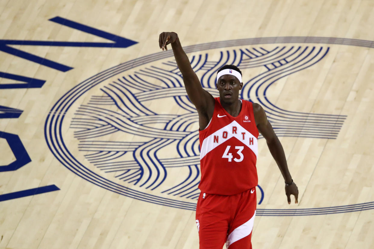 OAKLAND, CALIFORNIA - JUNE 13:  Pascal Siakam #43 of the Toronto Raptors reacts to his shot against the Golden State Warriors in the first half during Game Six of the 2019 NBA Finals at ORACLE Arena on June 13, 2019 in Oakland, California. NOTE TO USER: User expressly acknowledges and agrees that, by downloading and or using this photograph, User is consenting to the terms and conditions of the Getty Images License Agreement. (Photo by Ezra Shaw/Getty Images)