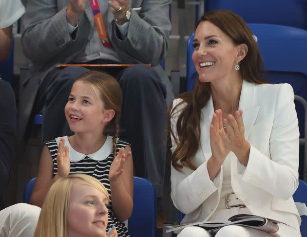 Princess Charlotte and Kate Middleton visit the morning session of swimming on day five of the Birmingham 2022 Commonwealth Games at Sandwell Aquatics Centre on Aug. 2. (Photo: Ian MacNicol via Getty Images)