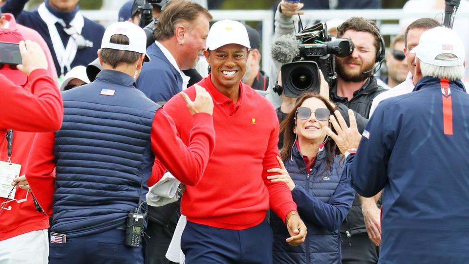 Seen here, Tiger Woods celebrates his win for USA in Sunday's Presidents Cup singles. 