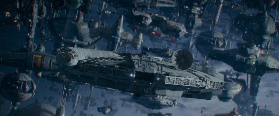 The Millennium Falcon swoops in to lead a Resistance assault in "Star Wars: The Rise of Skywalker."