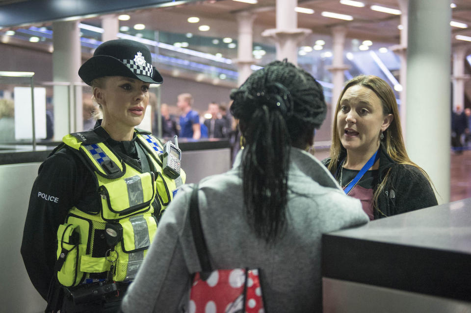 Embargoed to 1800 Tuesday September 12 A British Transport Police officer and Metropolitan Police Constable talks to a woman arriving on the Eurostar from Brussels as officers from the Metropolitan Police Service, British Transport Police, Kent Police and UK Border Force take part in Operation Limelight at the Eurostar terminal at St Pancras International in London, which is aimed at safeguarding children and vulnerable people from harmful practices and human trafficking.