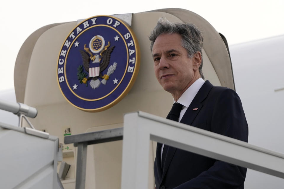 US Secretary of State Antony Blinken disembarks from the plane upon arriving at King Khalid International Airport, in Riyadh, Saudi Arabia, Monday, Feb. 5, 2024. (AP Photo/Mark Schiefelbein, Pool)