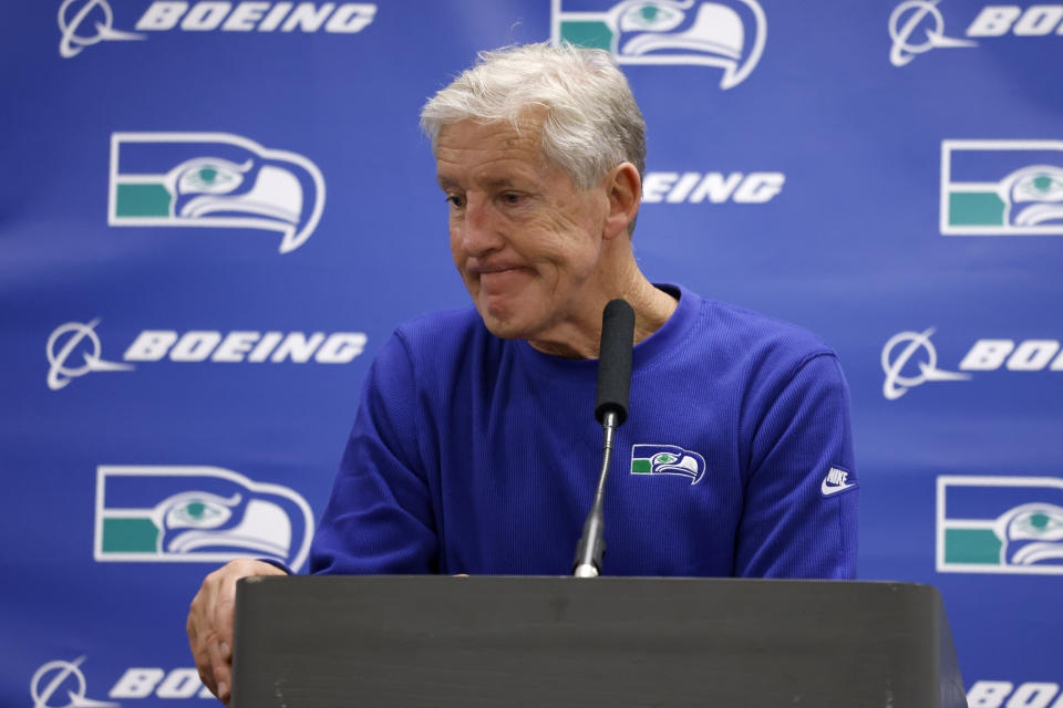 Seattle Seahawks head coach Pete Carroll pauses as he responds to questions during a news conference after the team's NFL football game against the Seattle Seahawks in Arlington, Texas, Thursday, Nov. 30, 2023. (AP Photo/Michael Ainsworth)