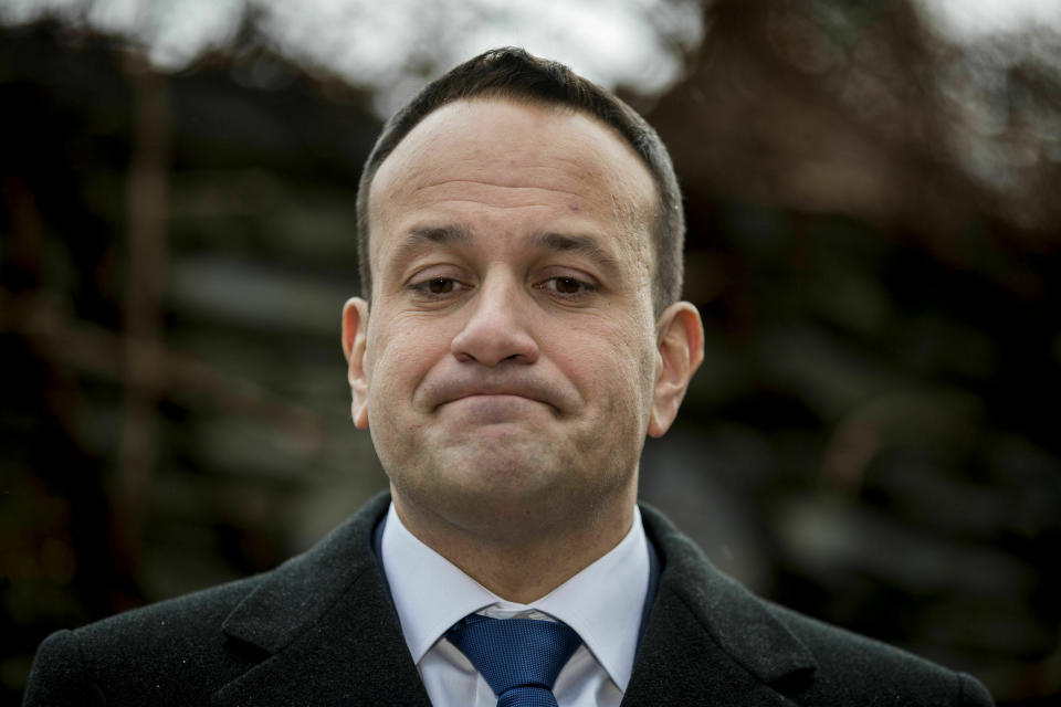 Taoiseach Leo Varadkar prepares to speak to the media, ahead of talks with Northern Ireland's five main political parties at the Irish Government residence in Belfast, Northern Ireland, Friday, Feb. 8, 2019. The British and Irish leaders were meeting Friday to discuss the Irish border — and mend fences — amid rising tensions between Britain and the European Union over Brexit. (Liam McBurney/PA via AP)