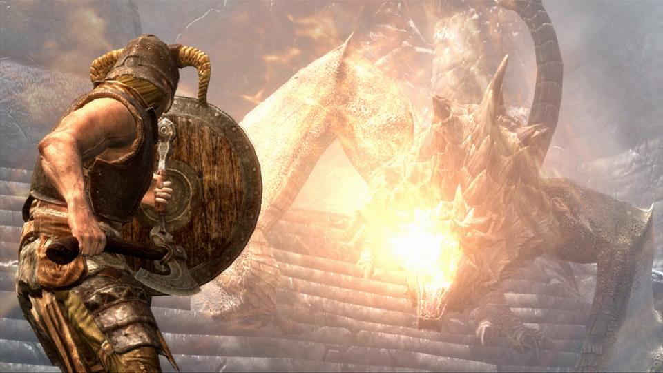 A character takes cover from a fire-breathing dragon in Skyrim