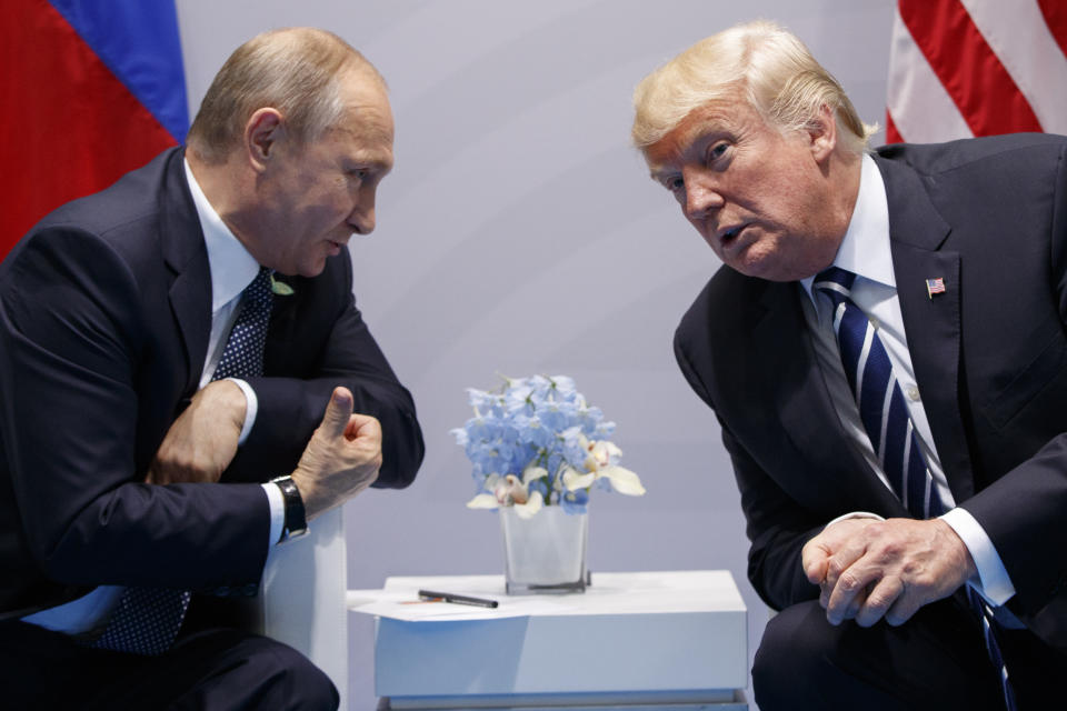 FILE - President Donald Trump meets with Russian President Vladimir Putin at the G-20 Summit in Hamburg, Germany, July 7, 2017. (AP Photo/Evan Vucci, File)