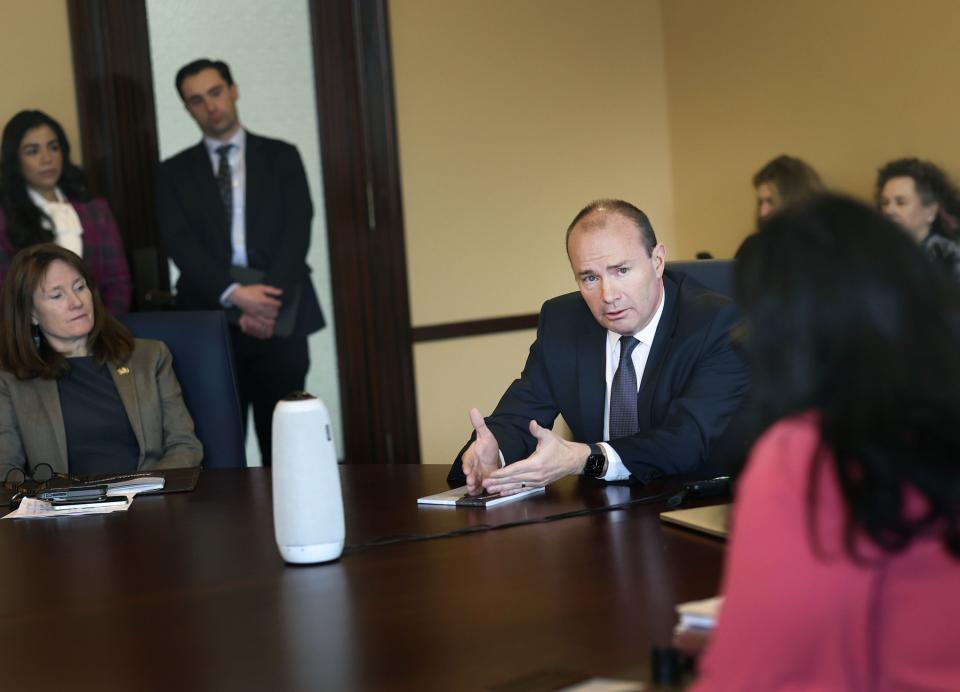 U.S. Sen. Mike Lee speaks to Senate Democrats at the Capitol in Salt Lake City on Wednesday, Feb. 21, 2024. | Laura Seitz, Deseret News