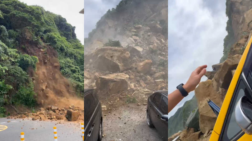 目擊山崩的民眾除了拍下近距離畫面外，還出手救援受困的計程車司機。（圖／翻攝自記者爆料網）