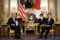 U.S. President Joe Biden, left, attends a bilateral meeting with Japanese Prime Minister Fumio Kishida at Akasaka Palace, Monday, May 23, 2022, in Tokyo. (AP Photo/Evan Vucci)