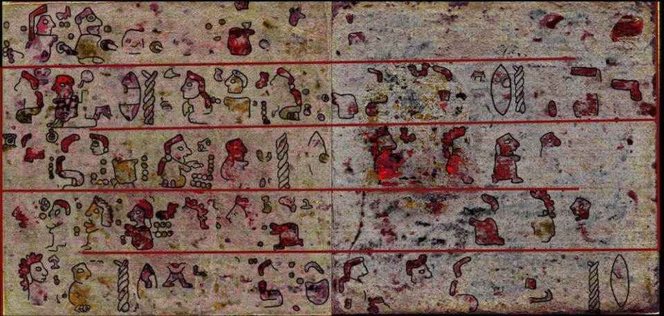 Hyperspectral imaging revealed hidden pictographic scenes underneath a layer of plaster and chalk, which are not visible to the naked eye.