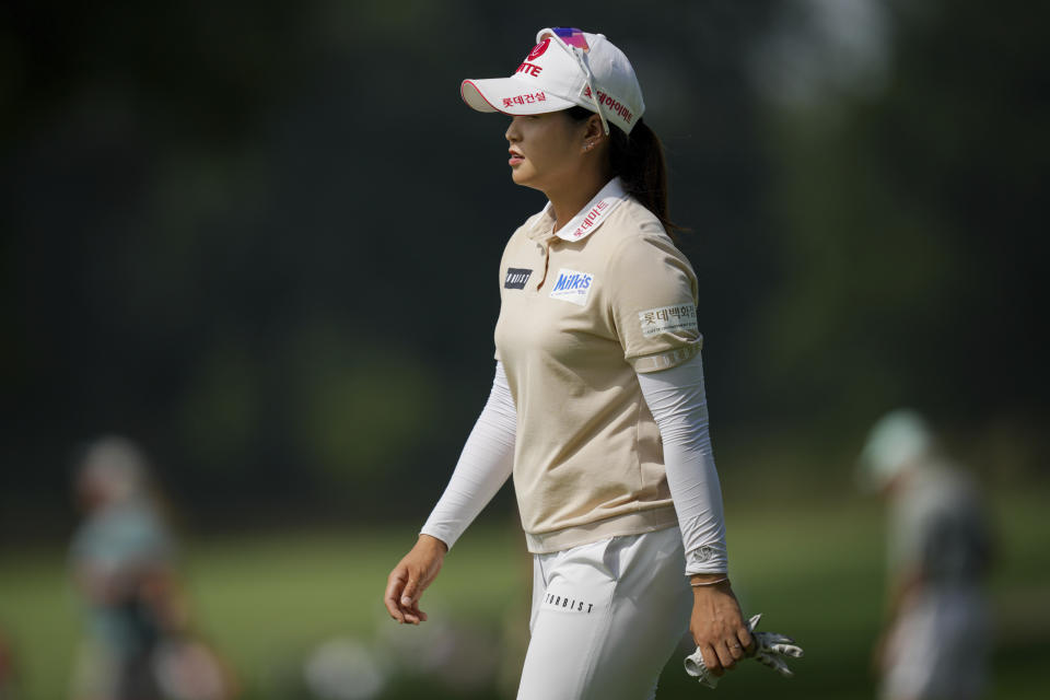 Hye-Jin Choi, of South Korea, walks to the fifth green during the first round of the LPGA Tour Kroger Queen City Championship golf tournament in Cincinnati, Thursday, Sept. 7, 2023. (AP Photo/Aaron Doster)