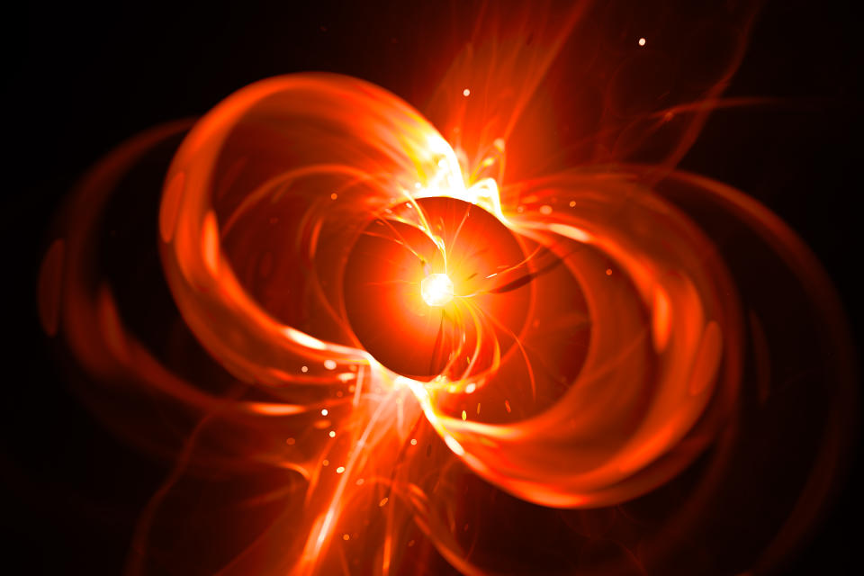 Fiery glowing spinning neutron star, computer generated abstract background, 3D rendering