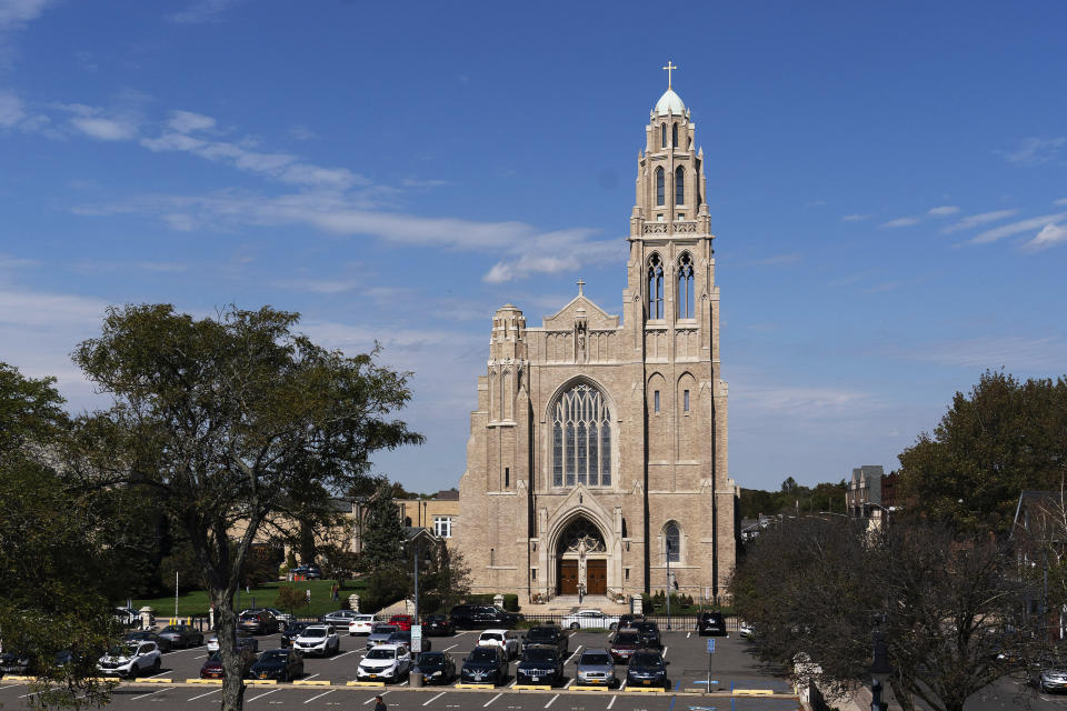 St. Agnes Cathedral is shown, Thursday, Oct. 1, 2020 in Rockville Centre, N.Y. The Roman Catholic Diocese of Rockville Centre filed for bankruptcy on Thursday because of financial pressure from lawsuits over past sexual abuse by clergy members. (AP Photo/Mark Lennihan)