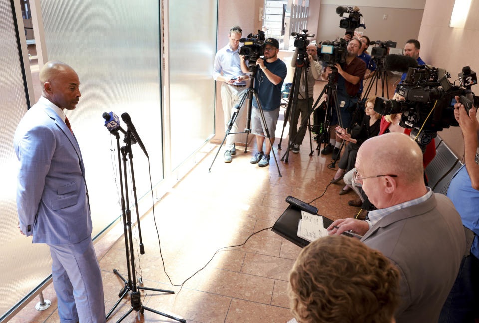 Carl Arnold, attorney for Duane "Keffe D" Davis, who is accused of orchestrating the 1996 slaying of hip-hop icon Tupac Shakur, speaks during a news conference after court at the Regional Justice Center in Las Vegas, Tuesday, June 25, 2024. (K.M. Cannon/Las Vegas Review-Journal via AP, Pool)