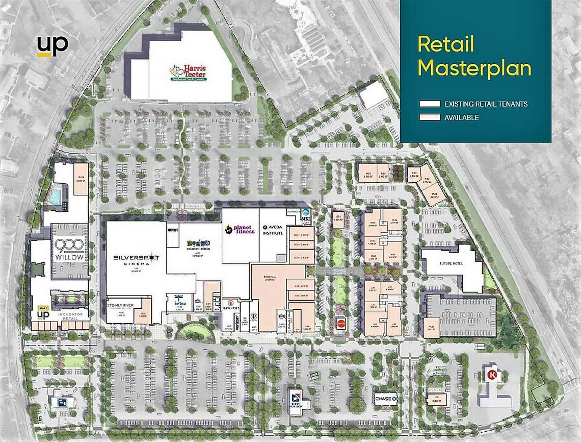 A Ram Realty leasing site plan shows new retail and office spaces that are being marketed as construction on the redevelopment project at Willow Drive, Fordham Boulevard and Estes Drive in Chapel Hill gets underway. Ram Realty/Contributed