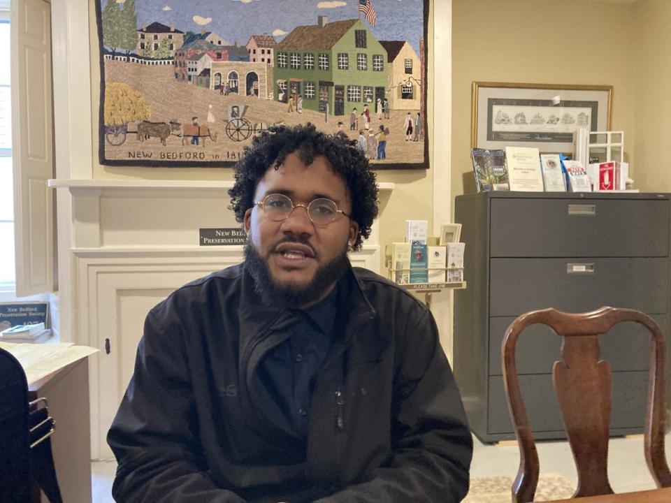 Eldric Abreu, community outreach coordinator for Waterfront Area Historical League (WHALE), speaks from the organization's office at Seamen's Bethel in downtown New Bedford.