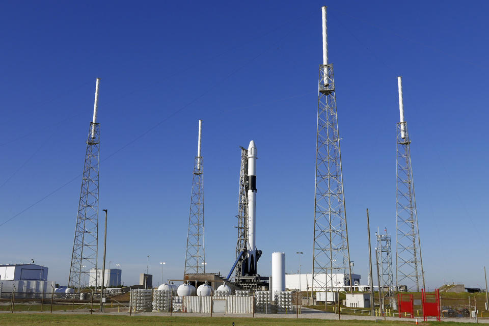 A Falcon 9 SpaceX rocket on a resupply mission to the International Space Station stands ready for launch at Space Launch Complex 40 at the Cape Canaveral Air Force Staton in Cape Canaveral, Fla., Wednesday, Dec. 4, 2019. (AP Photo/John Raoux)
