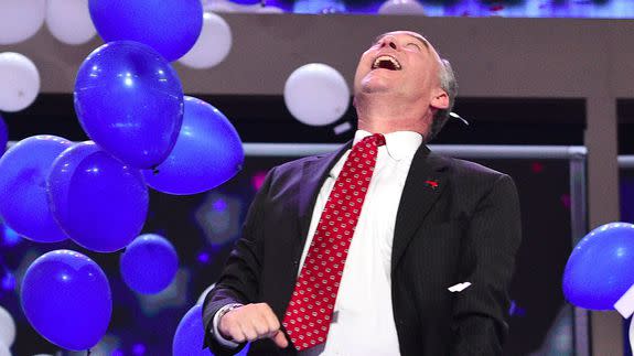 Democratic vice presidential candidate Sen. Tim Kaine from Virginia and  presidential nominee Hillary Clinton acknowledge the crowd on the fourth and final day of the 2016 Democratic National Convention at the Wells Fargo Center in Philadelphia, PA, on July 28, 2016. (Photo by Anthony Behar) *** Please Use Credit from Credit Field ***