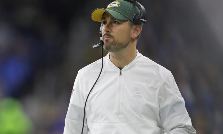 Matt LaFleur on the sidelines for the Green Bay Packers.