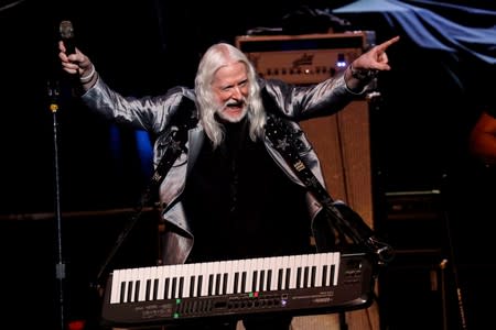 Edgar Winter performs at the Bethel Woods Center for the Arts, at the original site of the Woodstock Festival on the 50th anniversary, in Bethel, New York