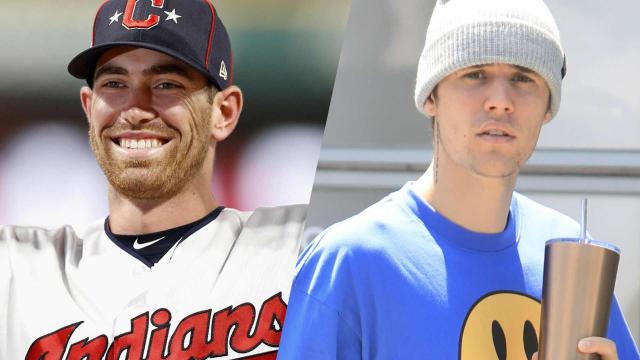 Justin Bieber wears Shane Bieber baseball jersey