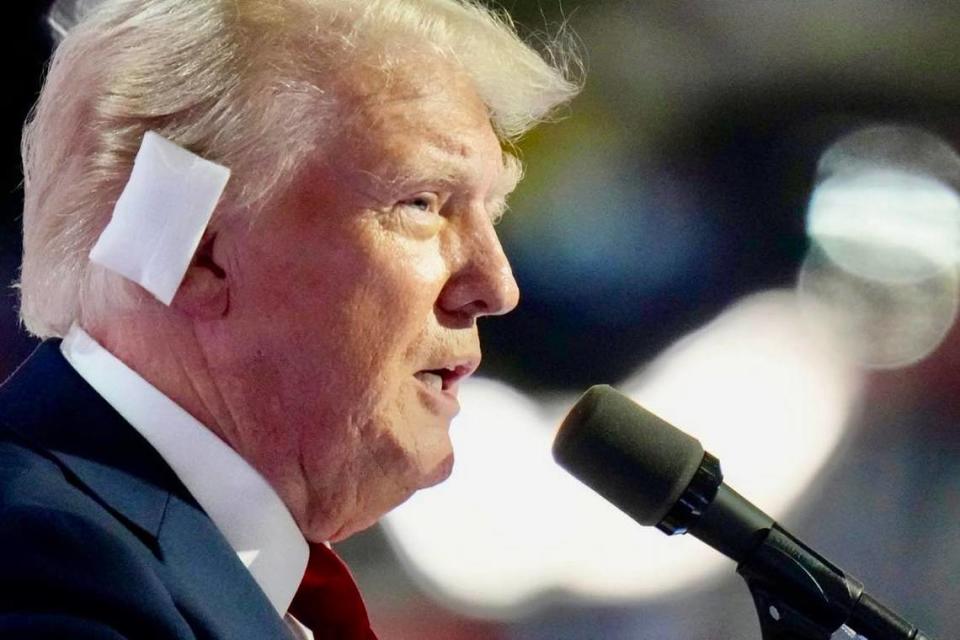 Republican presidential nominee Donald J. Trump delivers his nomination acceptance speech during the final day of the Republican National Convention at the Fiserv Forum. The final day of the RNC featured a keynote address by Republican presidential nominee Donald Trump.