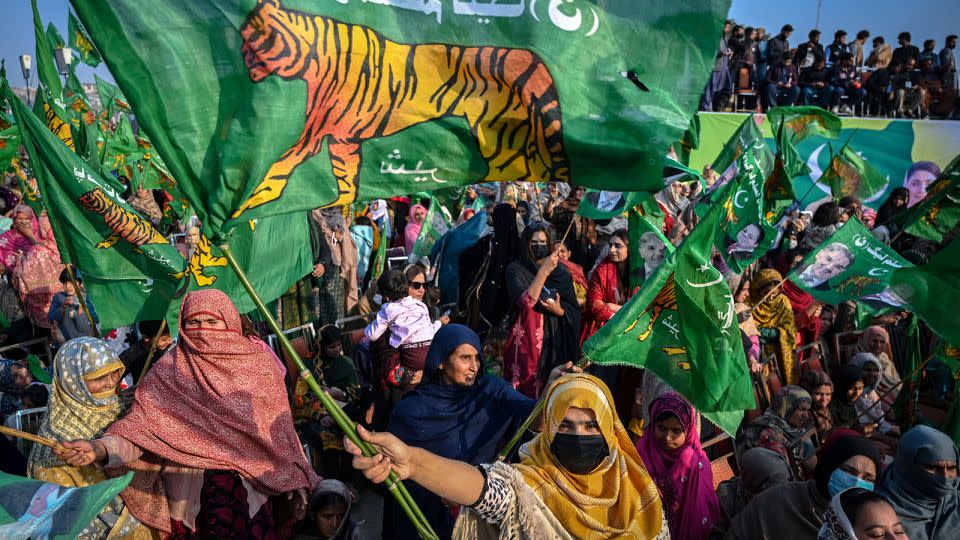 Pakistan Muslim League supporters attend an election campaign rally in Kasur, Punjab, on February 6, 2024. - Aamir Qureshi/AFP/Getty Images