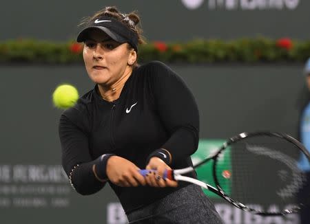 Mar 15, 2019; Indian Wells, CA, USA; Bianca Andreescu (CAN) as she defeats Elina Svitolina (not pictured) during her semifinal match in the BNP Paribas Open at the Indian Wells Tennis Garden. Mandatory Credit: Jayne Kamin-Oncea-USA TODAY Sports