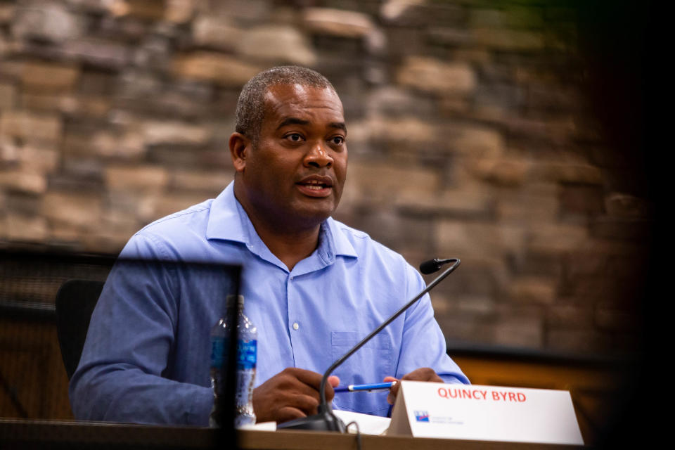 Quincy Byrd speaks to a room of voters during a forum Monday, Sept. 27, 2021, at City Hall in downtown Holland.