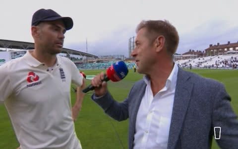 James Anderson gets emotional during the post-match interview with Ian Ward - Credit: Sky