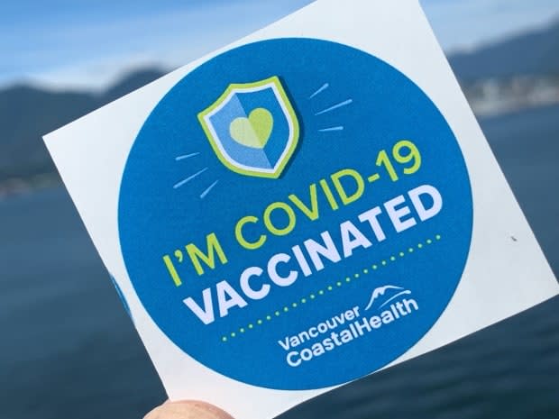 Vancouver Coastal Health’s ‘I’m Vaccinated’ sticker given out at the downtown Convention Centre.  (David Horemans/CBC - image credit)