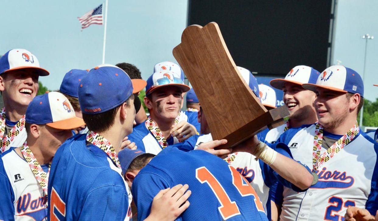 The Boonsboro baseball team celebrates after winning the 2018 Maryland Class 1A state championship, one of four state titles earned by Washington County baseball teams in the decade.