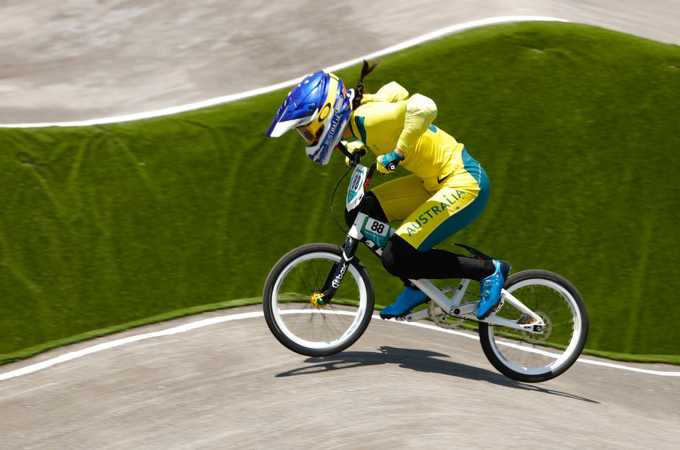 Saya Sakakibara of Team Australia competes during the Women's BMX quaterfinal heat 3, run 3 on day six of the Tokyo 2020 Olympic Games.