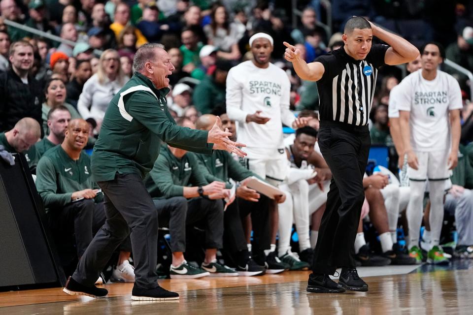 Mar 17, 2023; Columbus, Ohio, USA;  Michigan State Spartans head coach Tom Izzo argues an offensive foul call during the first round of the NCAA men’s basketball tournament against the USC Trojans at Nationwide Arena. Mandatory Credit: Adam Cairns-The Columbus Dispatch