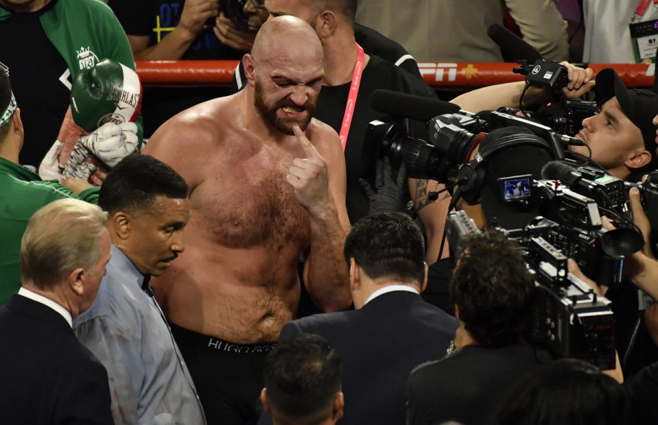 LAS VEGAS, NEVADA - SEPTEMBER 14: Tyson Fury reacts after the final bell in his heavy weight fight against Otto Wallin at T-Mobile Arena on September 14, 2019 in Las Vegas, Nevada. Fury won by an unanimous decision after the 12-round bout. (Gene Blevins/Getty Images)