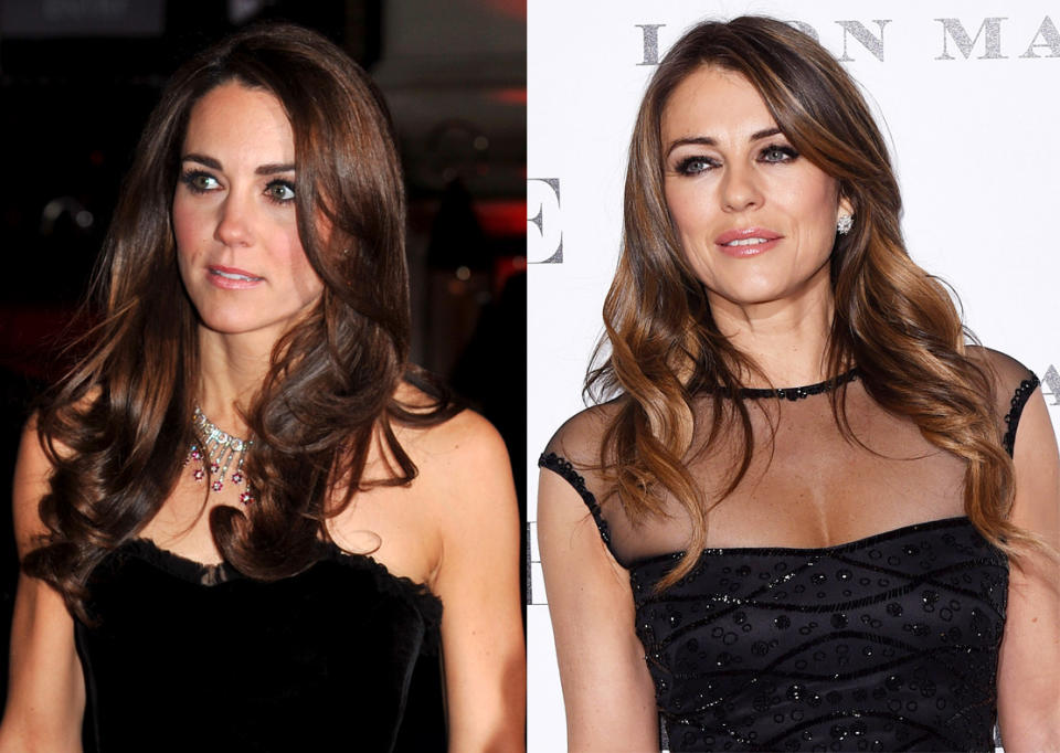 Herzogin Kate (li.) und Elizabeth Hurley sind nicht nur der gleiche Typ, sondern haben auch eine sehr ähnliche Gesichts-, Mund-, Nasen- und Augenform. 