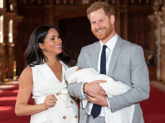 <p>Dominic Lipinski - WPA Pool/Getty</p> Meghan Markle and Prince Harry introduce son Archie on May 8, 2019