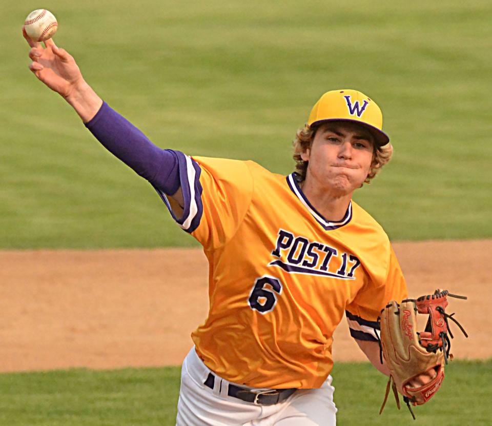 Watertown Post 17 pitcher Ryan Roby releases a pitch to the plate during a baseball doubleheader against West Fargo (N.D.) on Thursday, May 18, 2023 at Watertown Stadium.