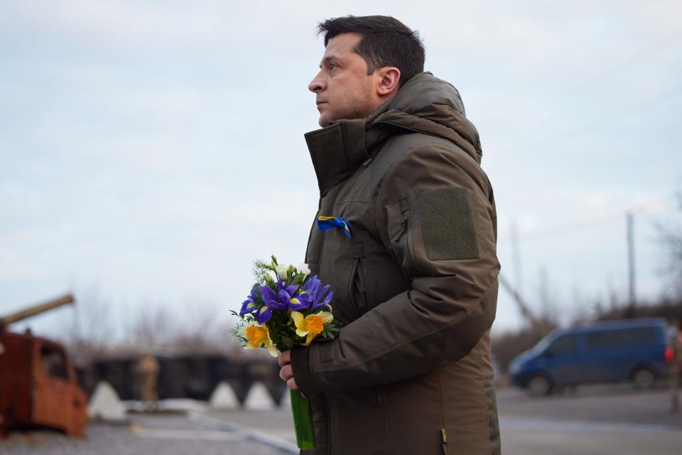 Ukrainian President Volodymyr Zelenskyy is seen as he visits the border troops in Donetsk, Ukraine on Feb.17, 2022.