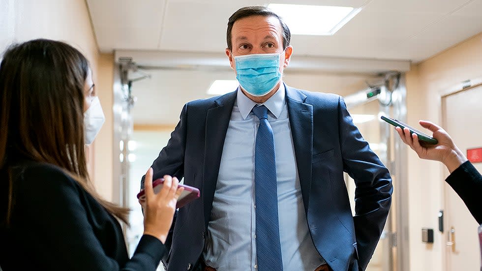 Sen. Chris Murphy (D-Conn.) speaks to reporters as he arrives to the Capitol for a nomination vote on Wednesday, November 17, 2021.