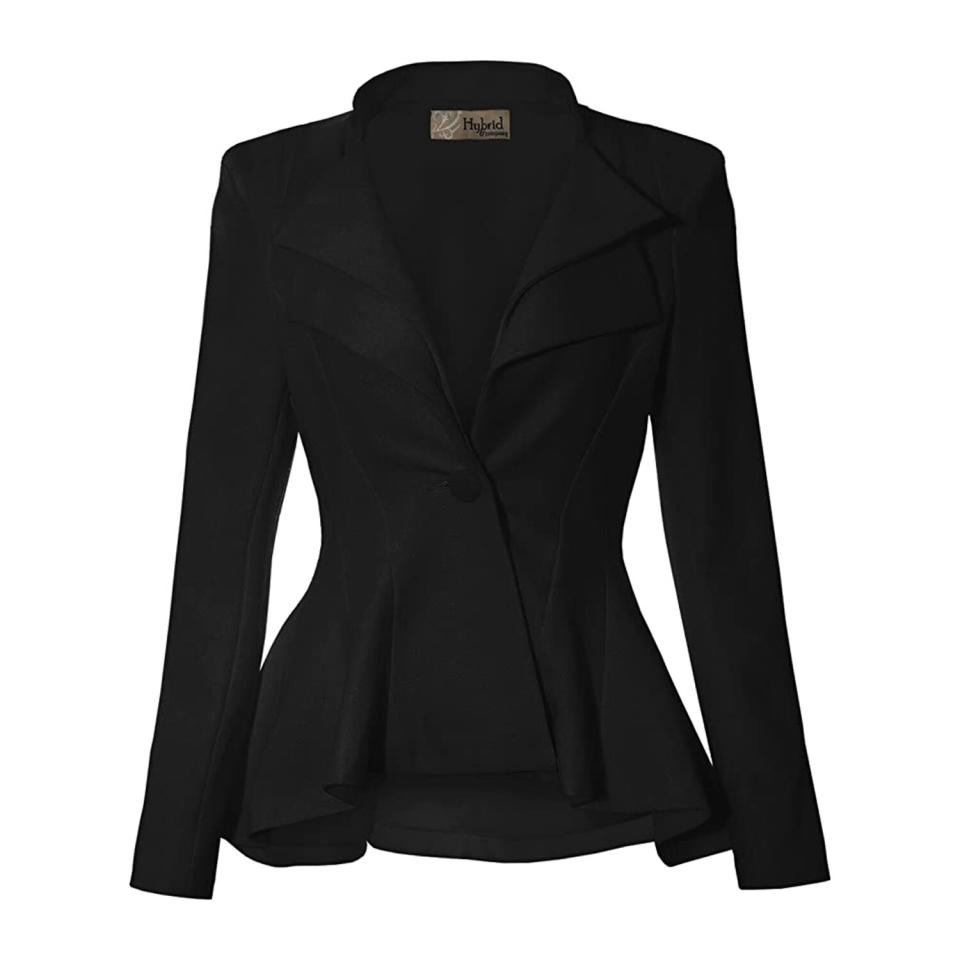 Hybrid Women's Casual Work Office Dressy Double Notch Lapel Sharp Shoulder Pad Single Button Peplum Comfy Blazer