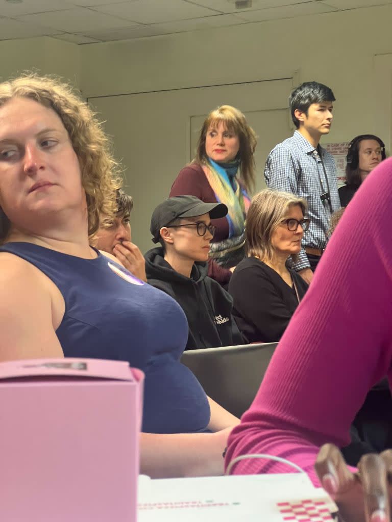 “Umbrella Academy” actor Elliot Page (center), who transitioned in 2020, attended the Wednesday night meeting. Aneeta Bhole / NY Post